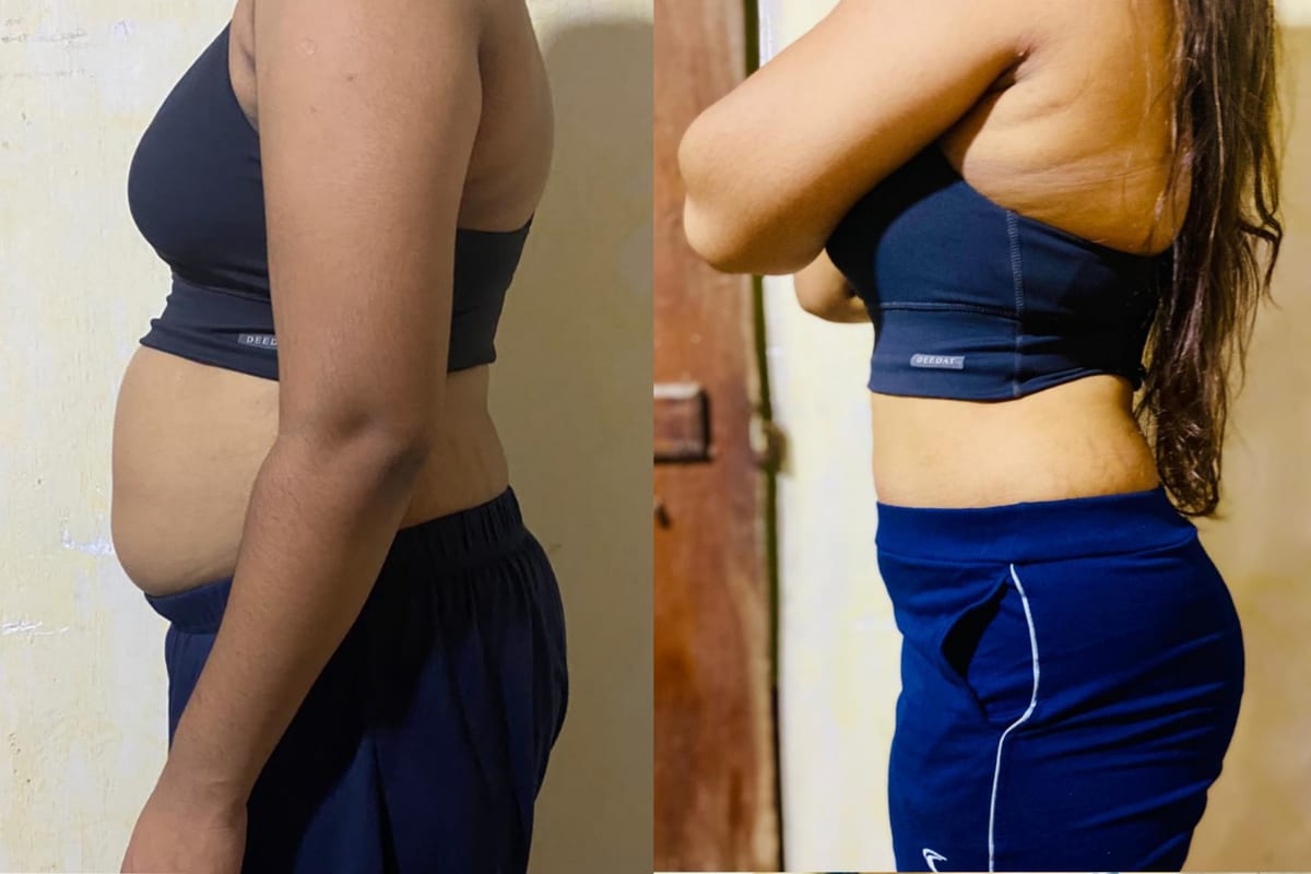 Nipuni before and after, side profile — 4 kg lost over 4 weeks of online coaching